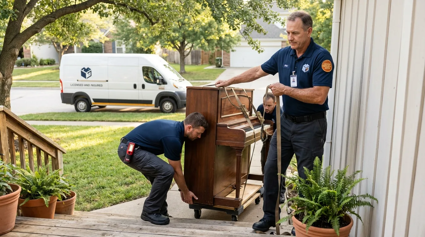 Licensed piano movers securing grand piano in Alamosa, CO