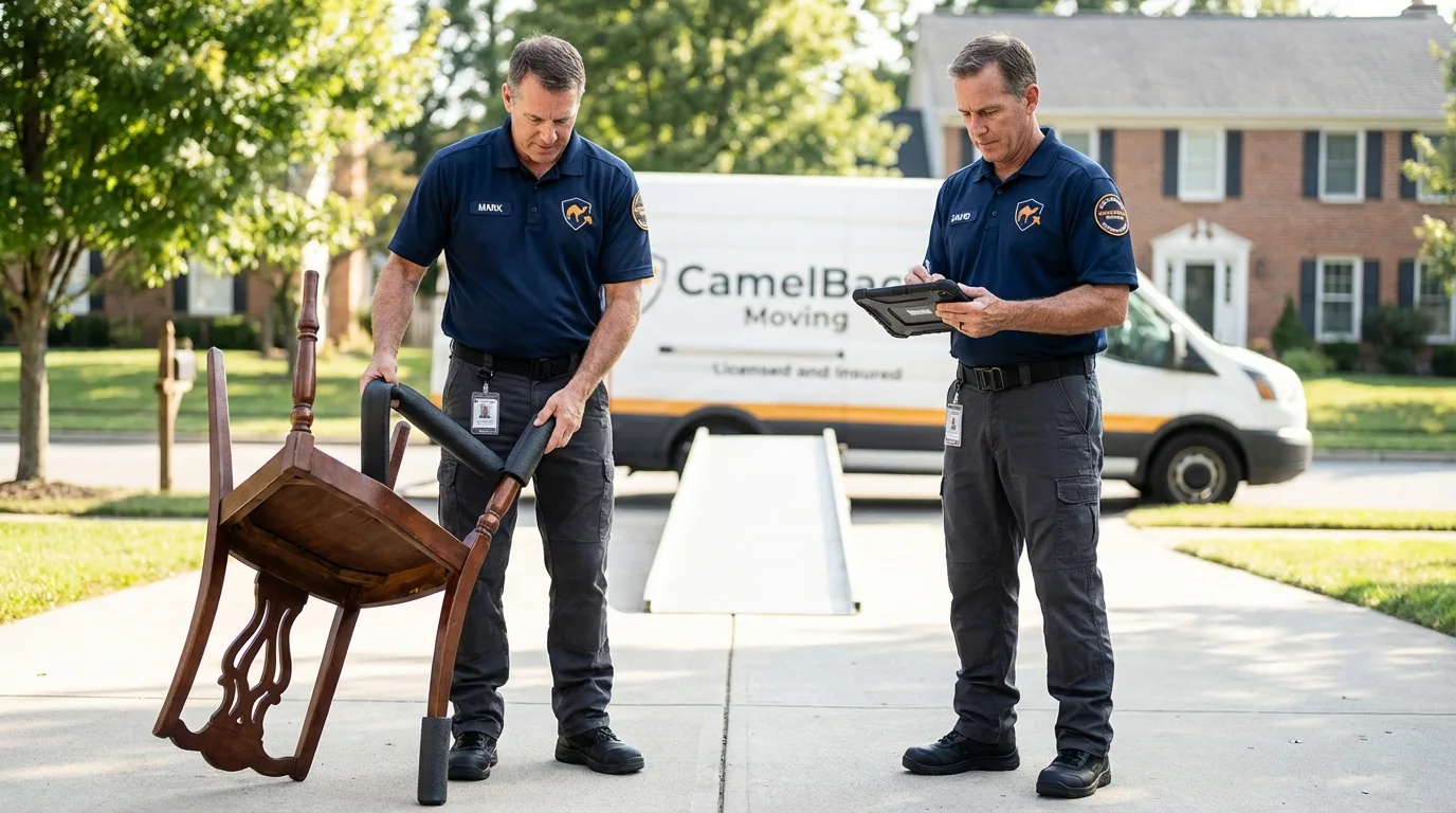 Movers inspecting furniture for damage prevention before loading in Alamosa, CO